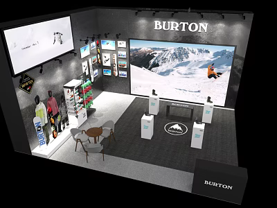 BURTON Snowboarding Exhibition Booth With Large Screen Snow Mountain Snowboarder Display Shelves And Gear 3d model