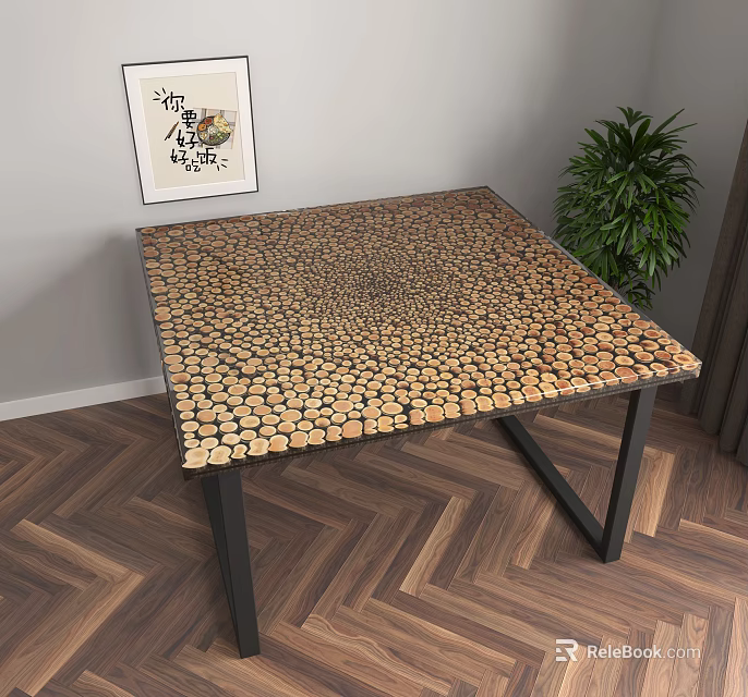 Wooden Mosaic Table Top With Black Metal Legs And Potted Plant On Herringbone Floor 3d model 