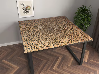 Wooden Mosaic Table Top With Black Metal Legs And Potted Plant On Herringbone Floor 3d model