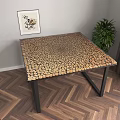 Wooden Mosaic Table Top With Black Metal Legs And Potted Plant On Herringbone Floor