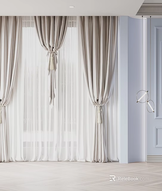 Light Gray Curtains With Sheer Layers And Tiebacks For Modern Interior Window Decor 3d model 