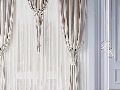Light Gray Curtains With Sheer Layers And Tiebacks For Modern Interior Window Decor 3d model
