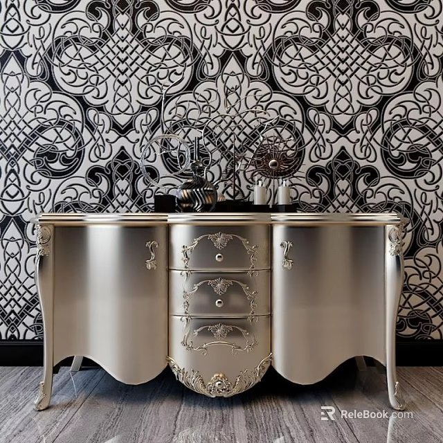 Silver Console Cabinet With Carved Details Decorative Items On Top And Black White Patterned Wallpaper 3d model 
