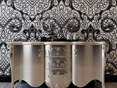 Silver Console Cabinet With Carved Details Decorative Items On Top And Black White Patterned Wallpaper 3d model