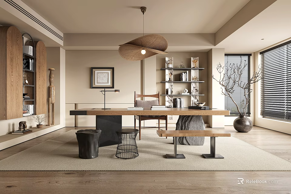 Modern Study Room Interior With Wooden Long Table Bookshelves Pendant Lamp Rug And Potted Plant 3d model 