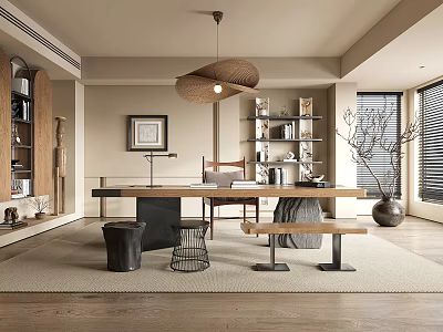 Modern Study Room Interior With Wooden Long Table Bookshelves Pendant Lamp Rug And Potted Plant 3d model