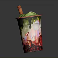 Decorative Drinking Cup With Straw Melting Green Topping Strawberry Pattern Red Rim