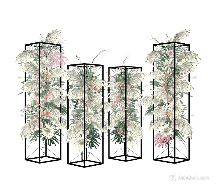 Elegant Floral Installation with Black Metal Frames White Pink Flowers and Green Plants 3d model 