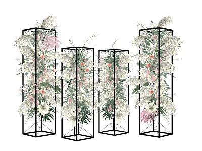 Elegant Floral Installation with Black Metal Frames White Pink Flowers and Green Plants 3d model