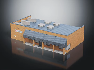Single Story Brick Building With Blue Roof White Units Front Awning And Entrance Hardware Sign 3d model