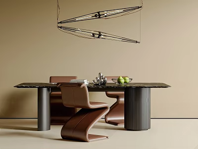 Modern Dining Table Set with Brown Chairs Marble Tabletop Black Legs and Hanging Light 3d model