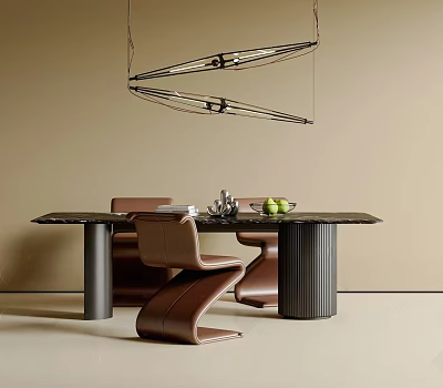 Modern Dining Table Set with Brown Chairs Marble Tabletop Black Legs and Hanging Light 3d model