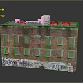 Red Brick Building Exterior With Graffiti Multiple Windows And Yellow Roof Structures