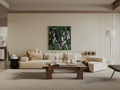 Modern Living Room Interior With Beige Sofa Wooden Coffee Table Striped Rug And Green Artwork 3d model
