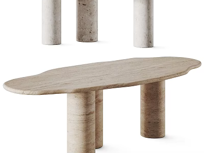 Modern Oval Dining Table Set With Light Stone Top And Cylindrical Support Legs 3d model