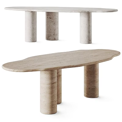 Modern Oval Dining Table Set With Light Stone Top And Cylindrical Support Legs 3d model