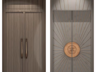 Modern Double Doors Design With Wooden Panel Radial Lines And Circular Ornament 3d model