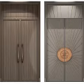 Modern Double Doors Design With Wooden Panel Radial Lines And Circular Ornament