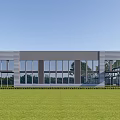 Modern Industrial Factory Building With Large Glass Windows Metal Exterior Parking Area And Green Landscaping