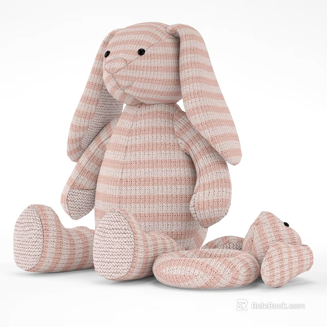 Knitted Pink And White Stripe Rabbit Plush Toy With Long Ears And Small Parts 3d model 