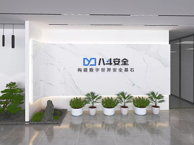 Modern Office Reception Interior Design With Company Logo Marble Wall And Potted Plants 3d model