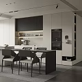 Modern Restaurant Interior With Black And White Cabinets Island Counter Chairs Plant And Blinds