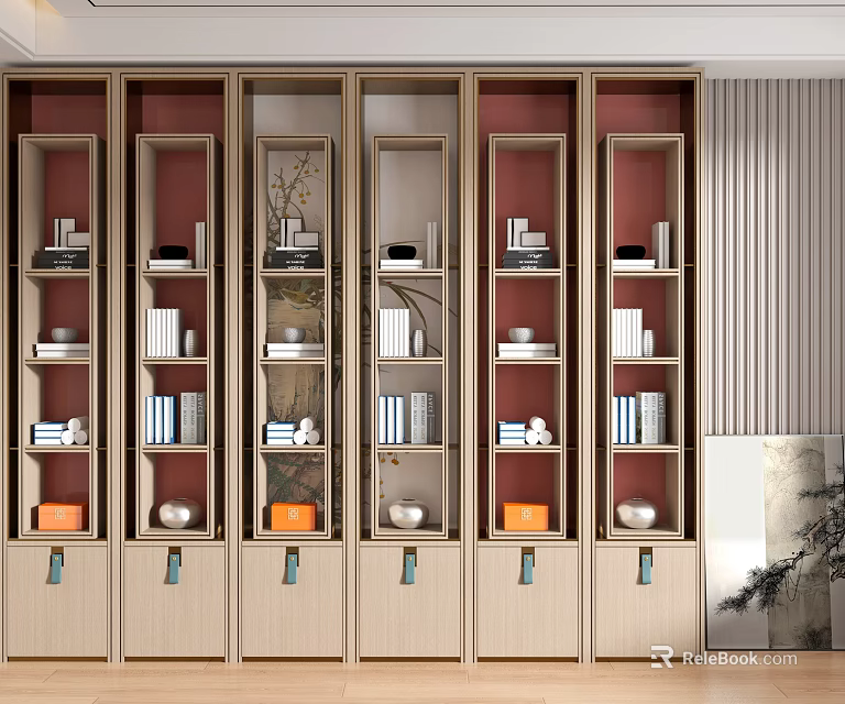 Modern Chinese Style Wooden Bogu Shelf With Multiple Compartments Displaying Books And Decorative Items 3d model 