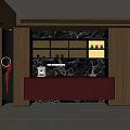 Modern Red Wine Sideboard Kitchen Dining Area With Marble Backsplash Open Shelves And Coffee Machine