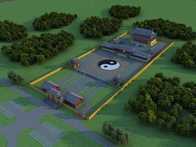 Ancient Chinese Architectural Complex With Central Yin Yang Courtyard And Surrounding Trees 3d model