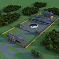Ancient Chinese Architectural Complex With Central Yin Yang Courtyard And Surrounding Trees