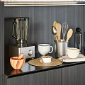 Modern Kitchen Utensils With Blender Spoons Bowls Wooden Mortar And Woven Mat On Dark Countertop