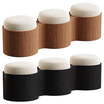Two Modern Sofa Stools With Wooden Black Frames And White Round Cushions 3d model