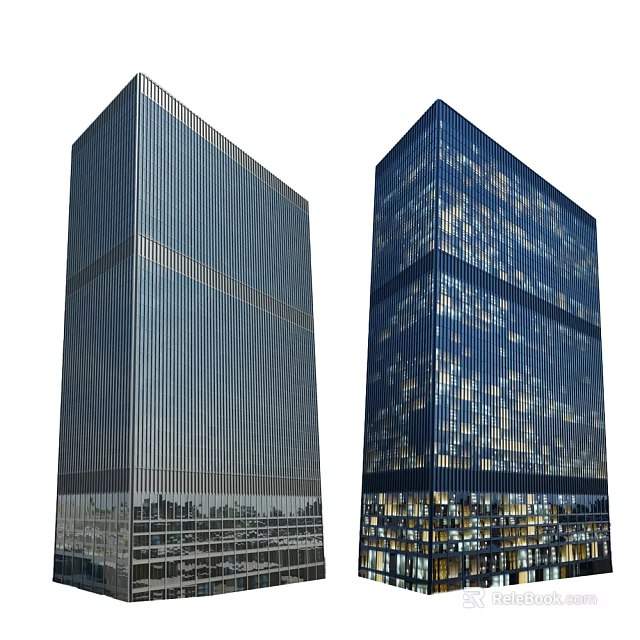 Two Modern Office Buildings With Glass Curtain Wall And Night Illuminated Windows 3d model 