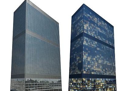 Two Modern Office Buildings With Glass Curtain Wall And Night Illuminated Windows 3d model