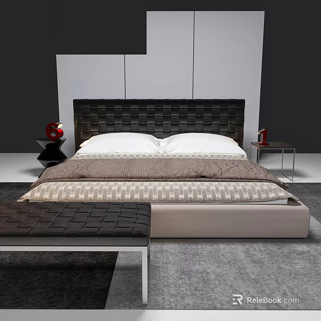 Modern Upholstered Double Bed With Woven Headboard White Pillows Bedside Tables And Bench 3d model 