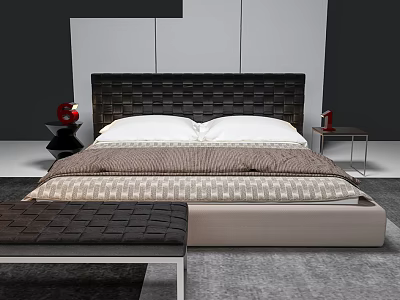 Modern Upholstered Double Bed With Woven Headboard White Pillows Bedside Tables And Bench 3d model