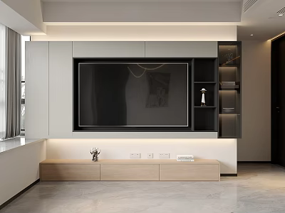 Modern TV Wall Unit Interior Design With Gray Panels And Wooden Storage Base 3d model