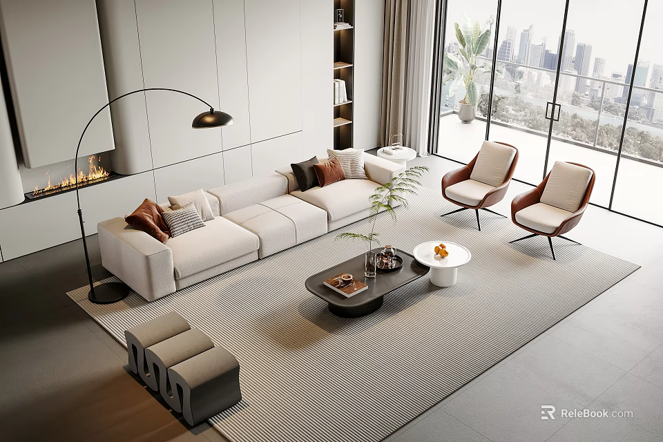 Modern Beige Sofa and Coffee Table Set With Throw Pillows Accent Chairs and City View 3d model 