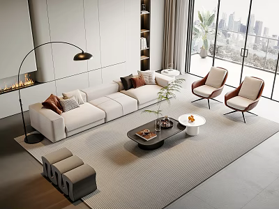 Modern Beige Sofa and Coffee Table Set With Throw Pillows Accent Chairs and City View 3d model
