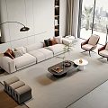 Modern Beige Sofa and Coffee Table Set With Throw Pillows Accent Chairs and City View