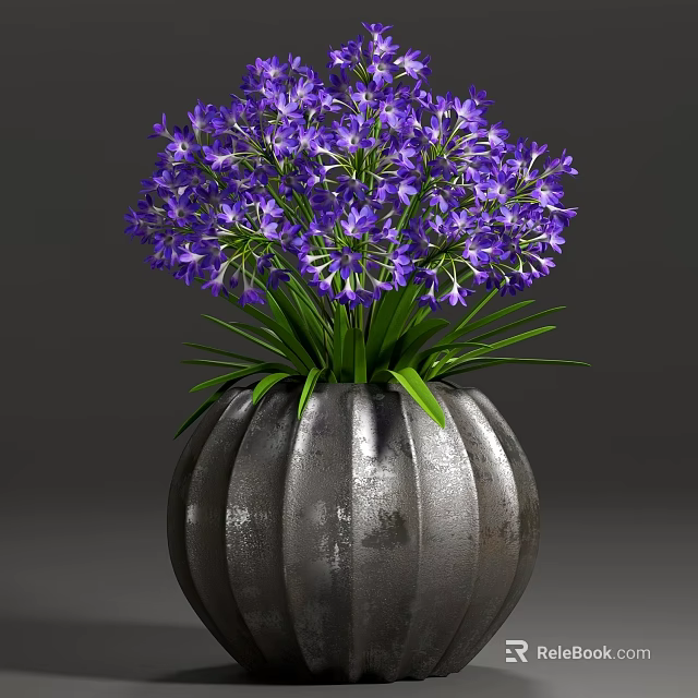 Purple Flower Potted Plant with Lush Green Leaves in Silver Striped Decorative Pot 3d model 