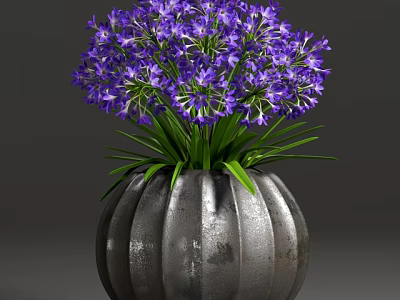 Purple Flower Potted Plant with Lush Green Leaves in Silver Striped Decorative Pot 3d model