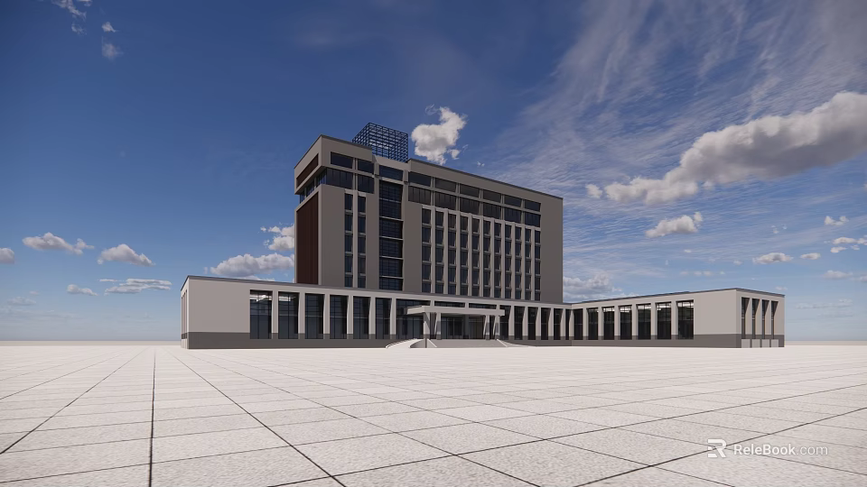 Modern Office Building With Spacious Square And Glass Windows Under Blue Sky 3d model 