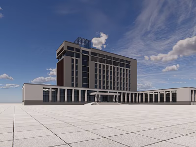 Modern Office Building With Spacious Square And Glass Windows Under Blue Sky 3d model
