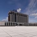 Modern Office Building With Spacious Square And Glass Windows Under Blue Sky