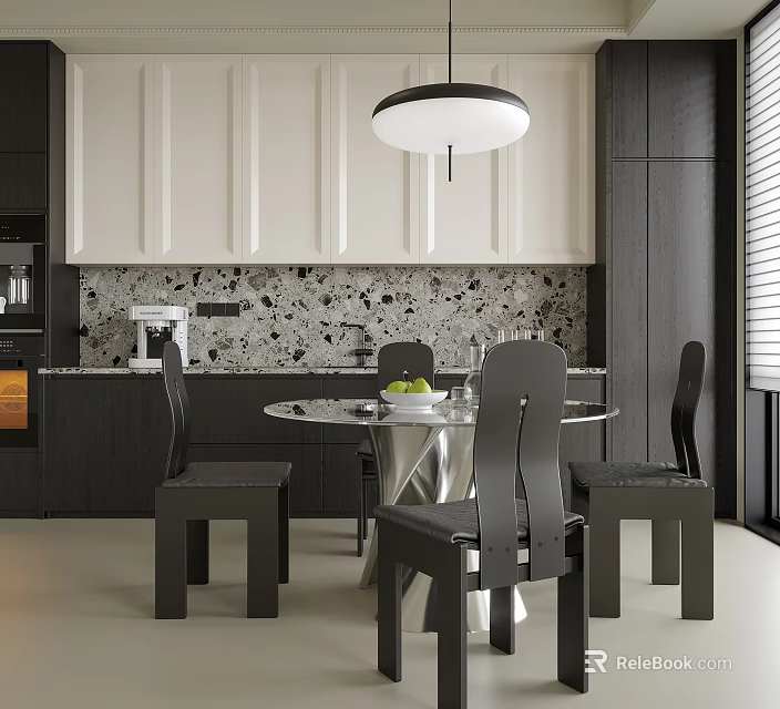 Modern Restaurant Interior With Round Glass Dining Table Black Chairs Pendant Light And Patterned Backsplash 3d model