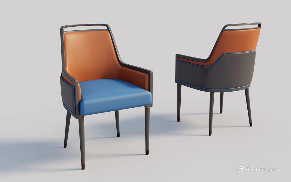 Modern Dining Chairs With Blue And Orange Upholstered Seats Black Armrest Frames 3d model