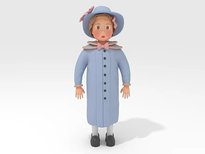 Cute Doll Wearing Blue Long Coat Pink Bow Tie Hat White Socks And Black Shoes 3d model