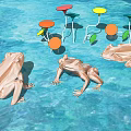 Garden Ornaments Featuring Frog Sculptures And Colorful Stools On Water Surface