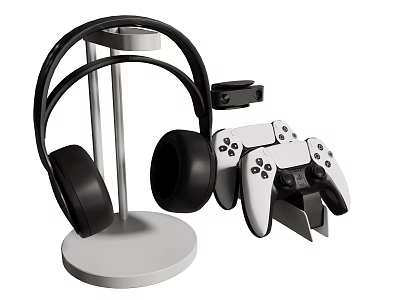 Modern Entertainment Electronics Featuring Black Headphones And White Game Controllers On Stand 3d model